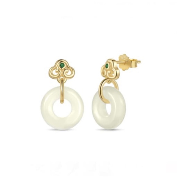 925 Sterling Silver Natural Jade Geometric Minimalist Drop Earring - Picture 1 of 2